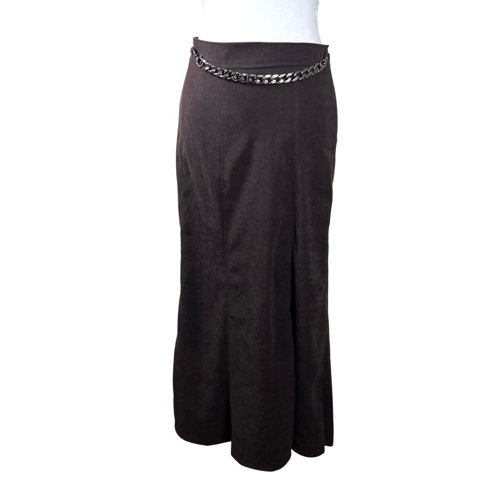 Vtg Notations Women's XL Brown Maxi Skirt Faux Suede Chain Belt Long Career